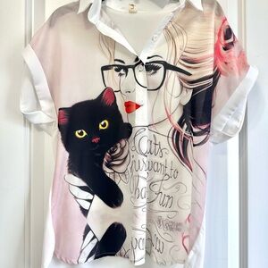 Graphic Cat Print Blouse Women Holding Black Cat Button Front Top